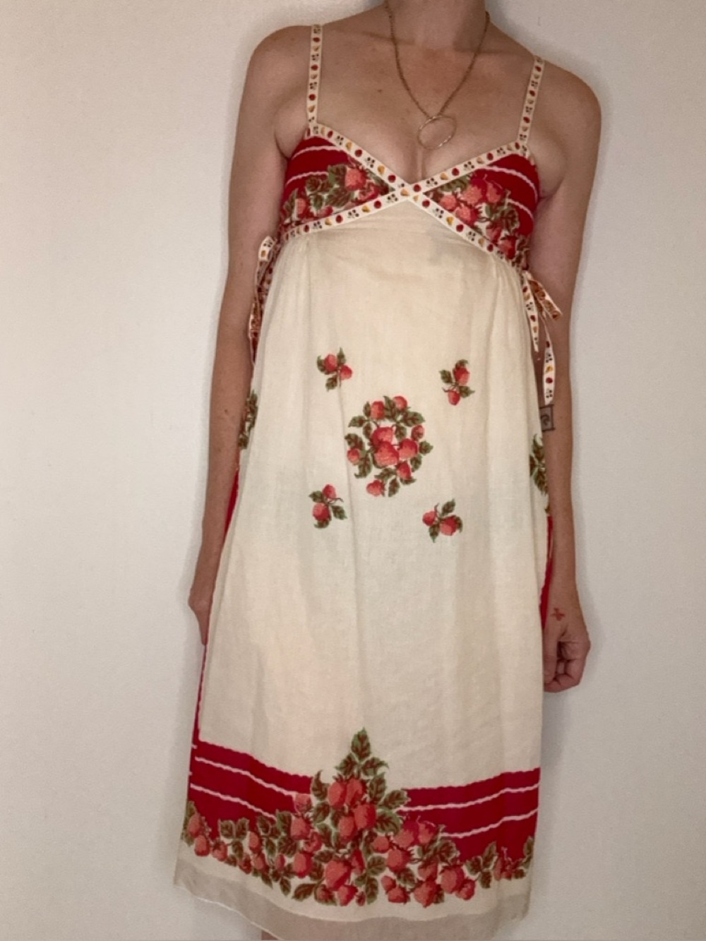 Anna Sui for Anthropology Cream Midi Dress w/ Floral Trim Sz 0